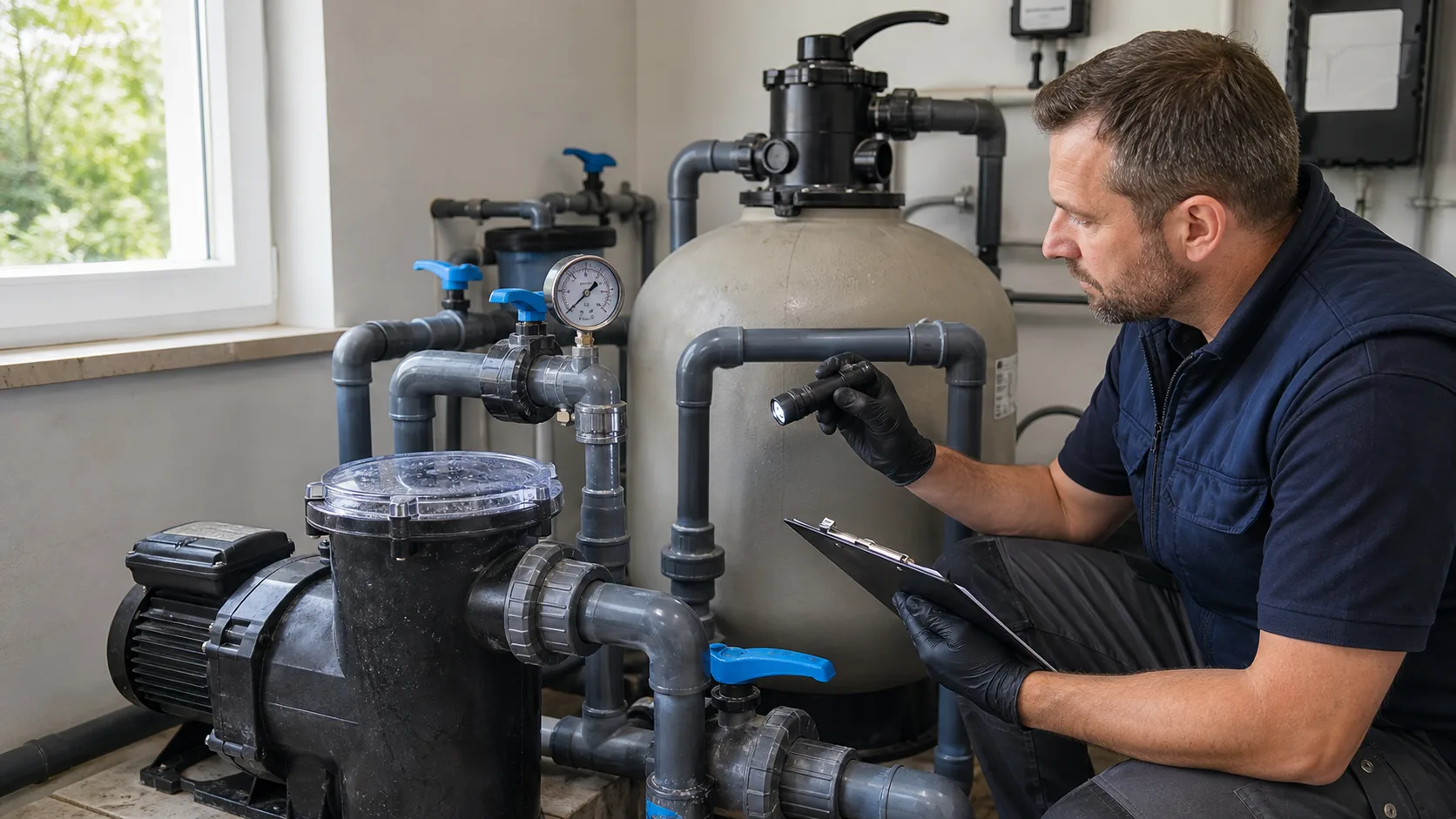 Pooltechniker kontrolliert nach dem Winter Manometer, Ventilstellungen und Rohrverschraubungen in einem privaten Technikraum