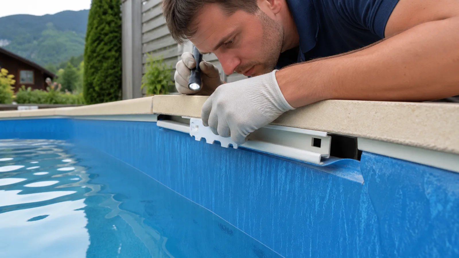 Gelöster Keder einer blauen Poolfolie wird am Beckenrand ohne Werkzeug untersucht